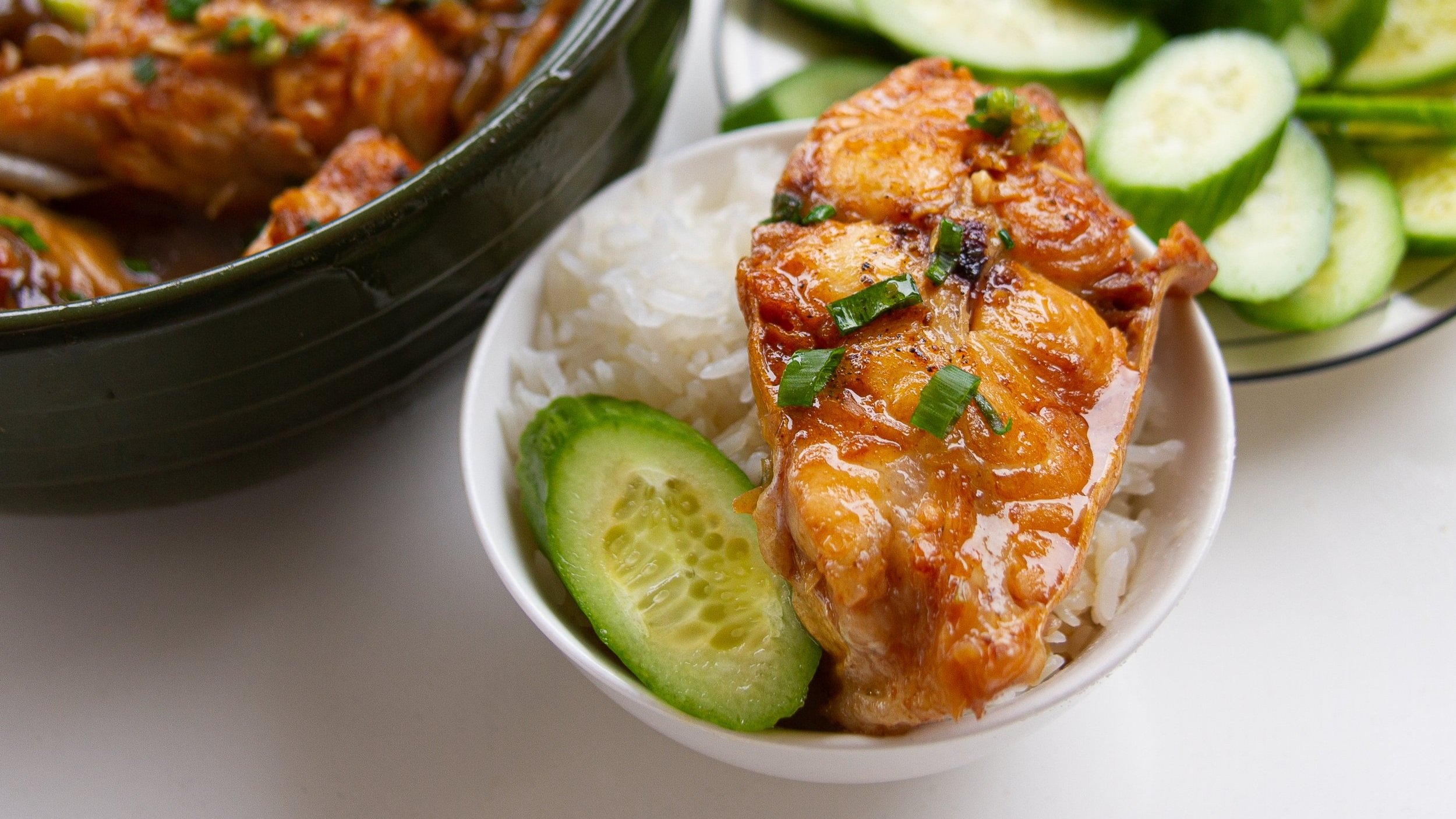 Closeup of catfish on top of rice and cucumbers. 